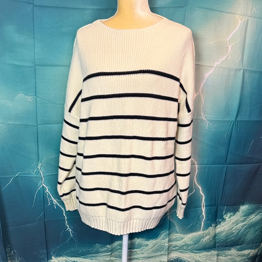 Comfy Cream Crewneck Sweater with Black Stripes